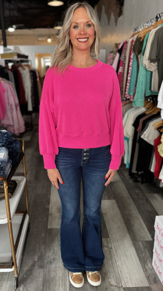 Fuchsia Cropped Ribbed Long Sleeve Top