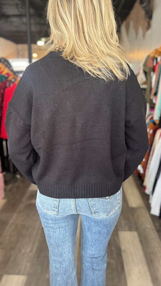 Black V-Neck Jeweled Button Cardigan