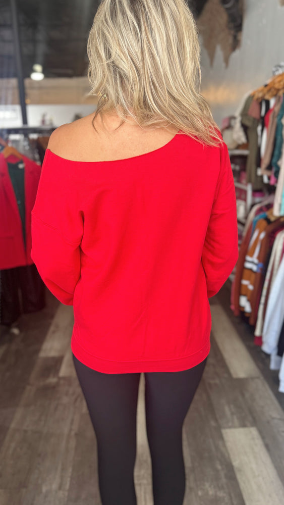 Red Santa Baby Off Shoulder Sweatshirt