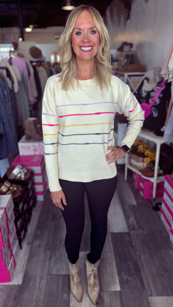 Cream Multi Color Striped Sweater