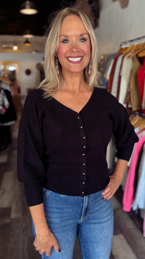 Black Button Up V-Neck Sweater