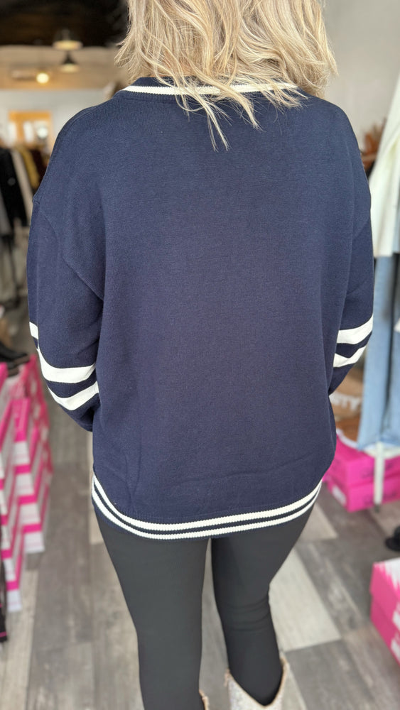 Game Day Long Sleeve V Neck Varsity Sweater Top