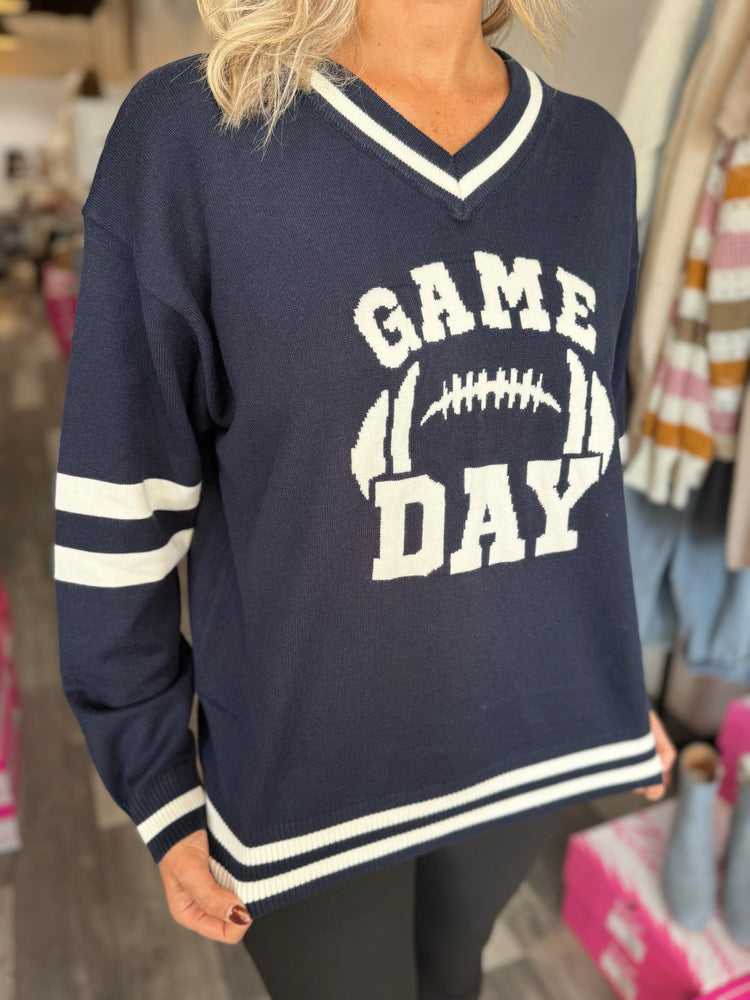 Game Day Long Sleeve V Neck Varsity Sweater Top