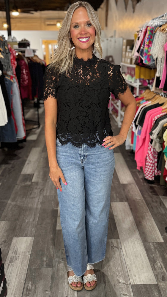 Black Lace Mock Neck Top