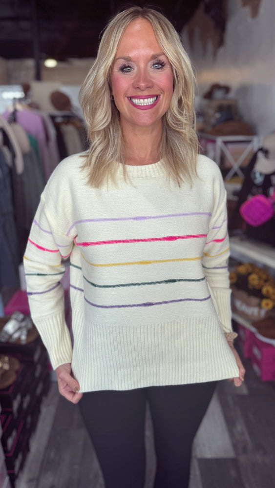 Cream Multi Color Striped Sweater