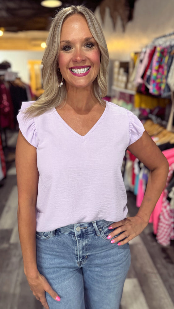 Lavender V-Neck Ruffle Sleeve Top