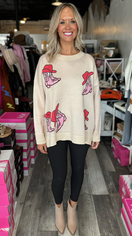 Cream Pullover Cowboy Boot Print Sweater
