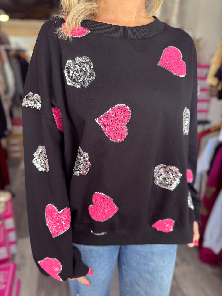 Black Crewneck Sequin Heart and Rose Sweatshirt