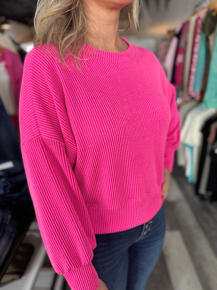 Fuchsia Cropped Ribbed Long Sleeve Top