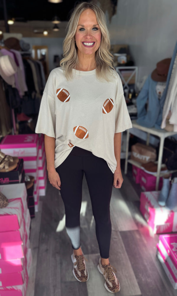 Cream Glitter Football Oversized Tee