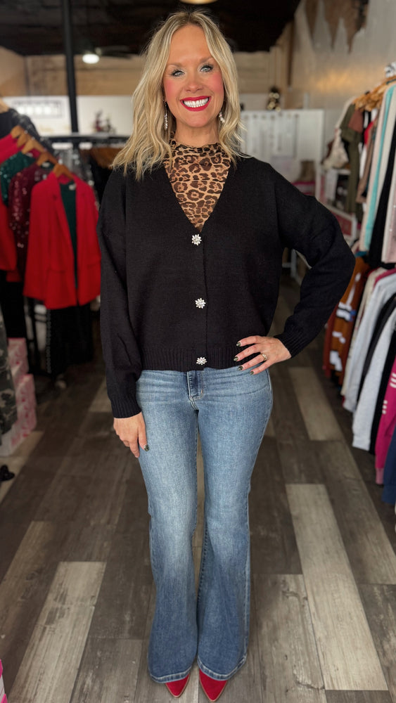 Black V-Neck Jeweled Button Cardigan