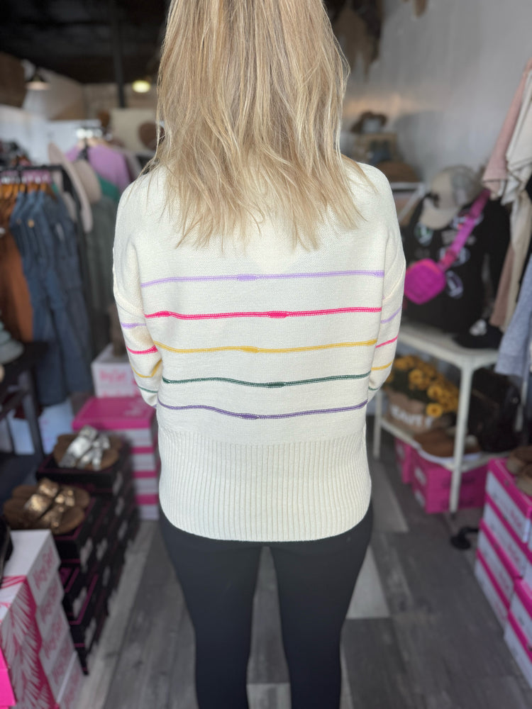 Cream Multi Color Striped Sweater