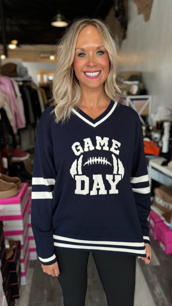 Game Day Long Sleeve V Neck Varsity Sweater Top