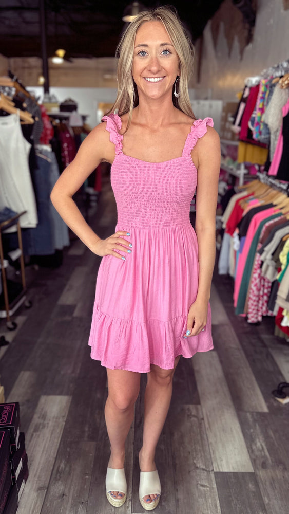Bubblegum Smocked Ruffle Sleeve Dress