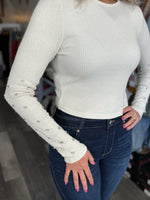 Rib Knit Top With Rhinestone Sleeves