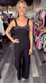 Black Rhinestone Trim Bow Jumpsuit