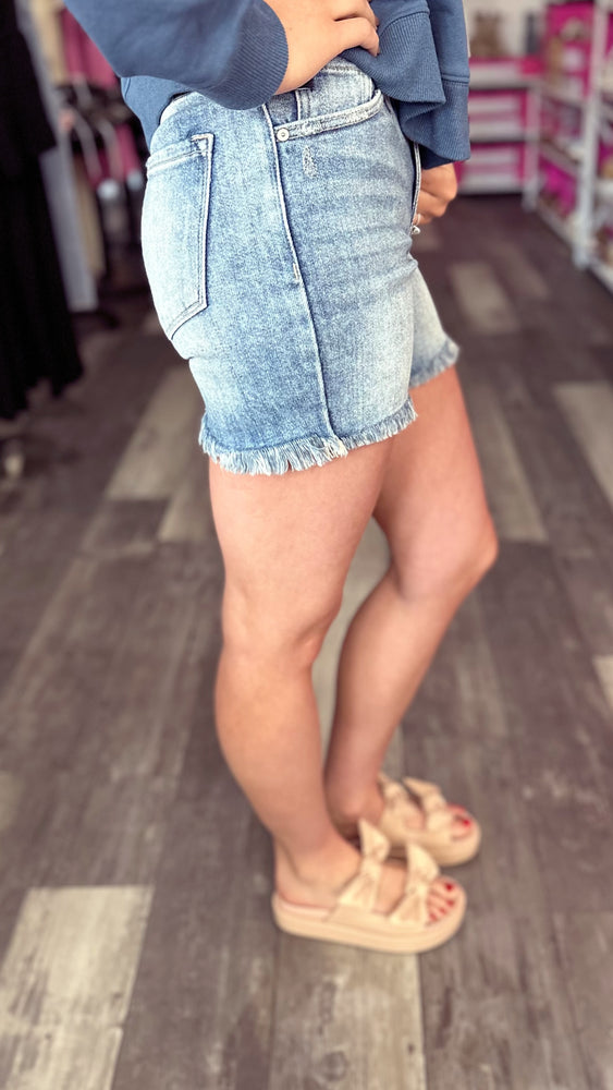 High Rise Frayed Detail Jean Shorts