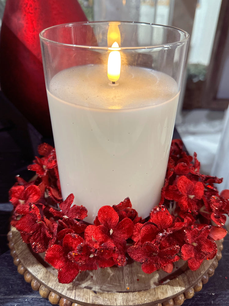 7” Red Glittered Floral Mini Wreath/Candle Ring