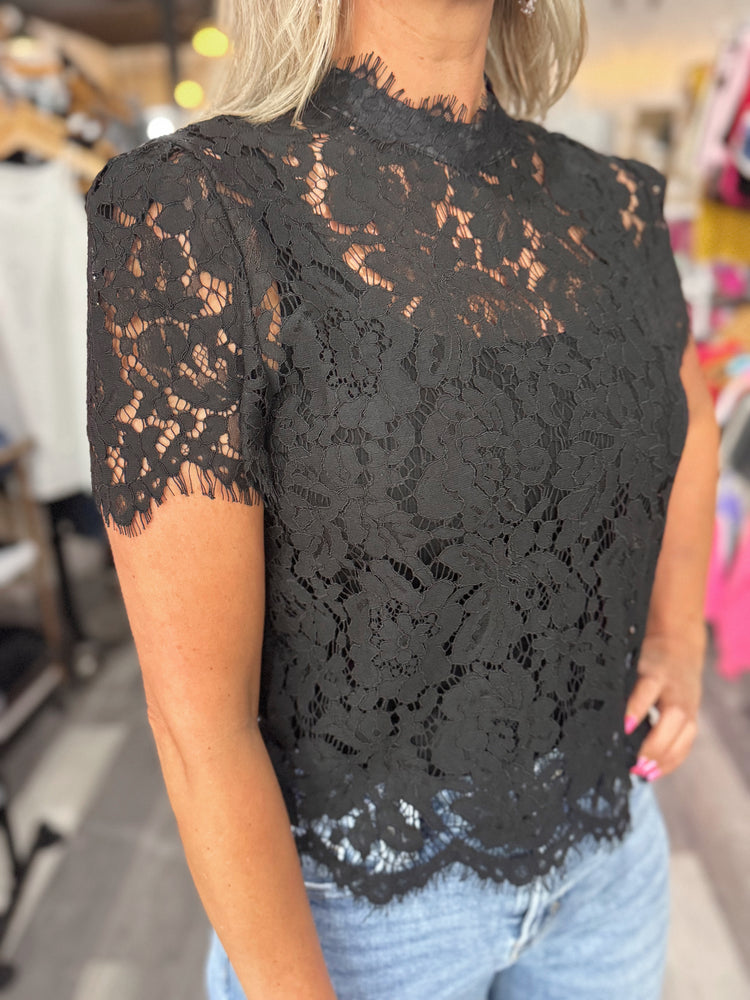 Black Lace Mock Neck Top