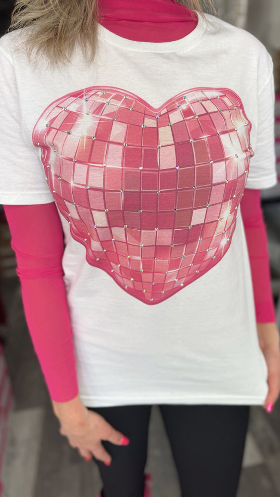 Heart Disco Ball Rhinestone Tee