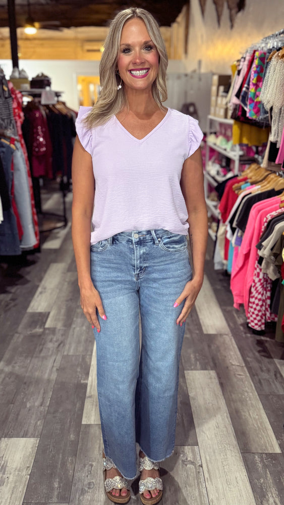 Lavender V-Neck Ruffle Sleeve Top