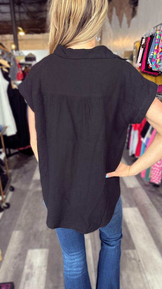 Black Button Up Cotton Short Sleeve Top