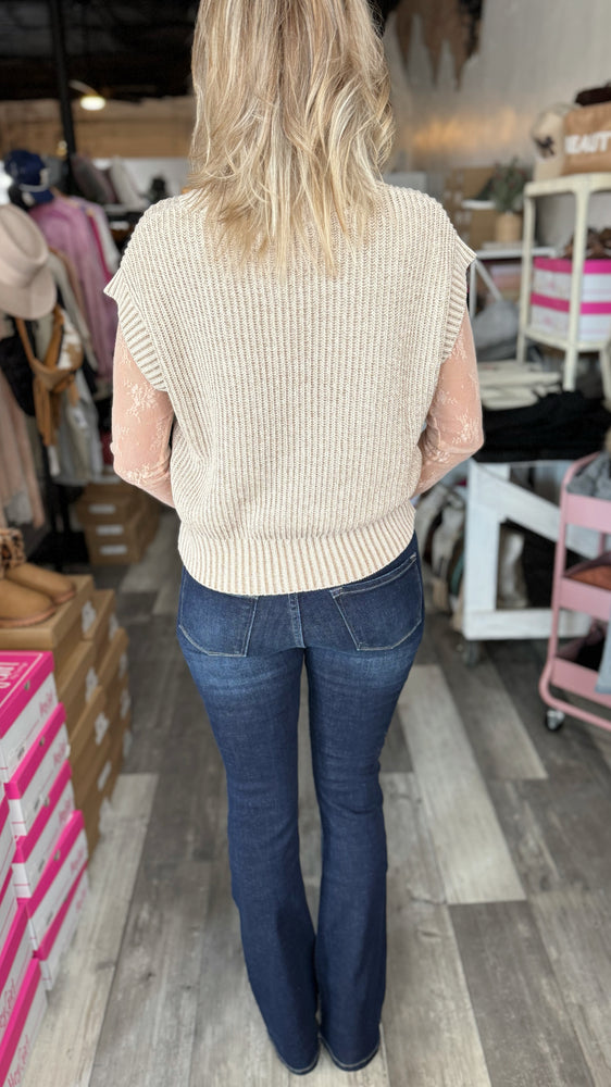 Taupe V-Neck Two Toned Knit Sweater Vest