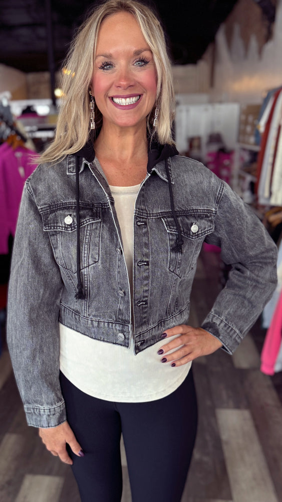Washed Black Denim Cropped Hooded Jacket