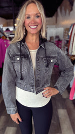 Washed Black Denim Cropped Hooded Jacket