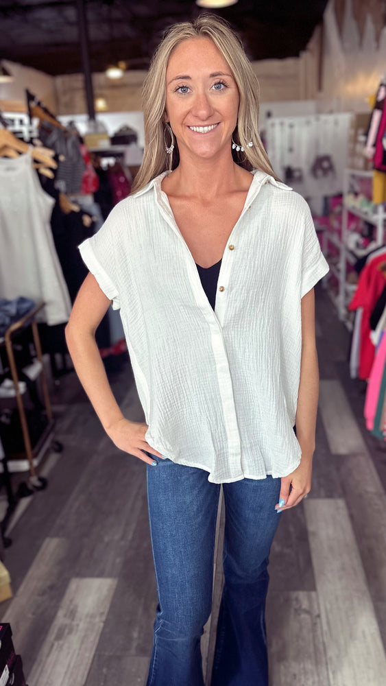 Ivory Button Up Cotton Short Sleeve Top