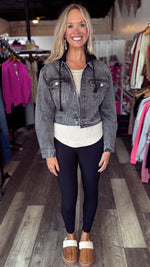 Washed Black Denim Cropped Hooded Jacket