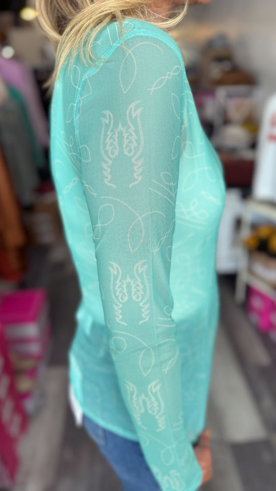 Turquoise Boot Stitch Sheer Shirt