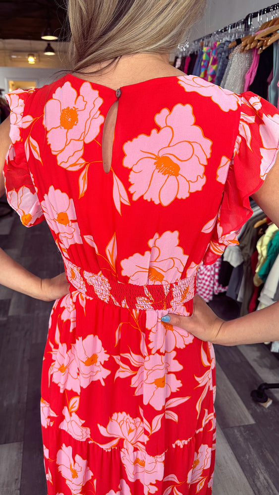 Red Floral Smocked Waist Dress