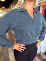 Navy Mineral Washed Collared Pullover