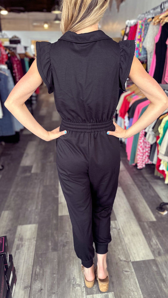 Black Ruffle Sleeve Casual Jumpsuit