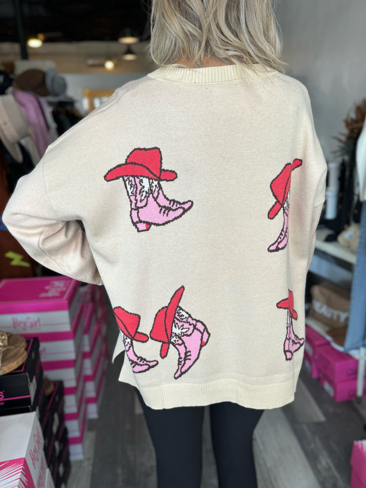Cream Pullover Cowboy Boot Print Sweater