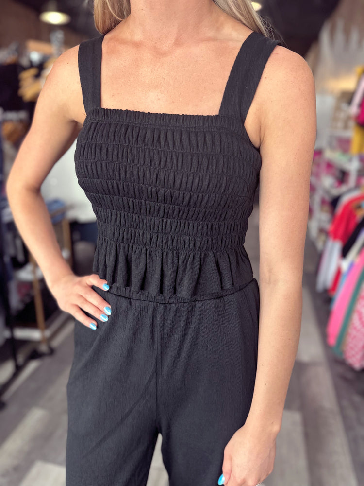 Black Crinkle Knit Top and Pant Set