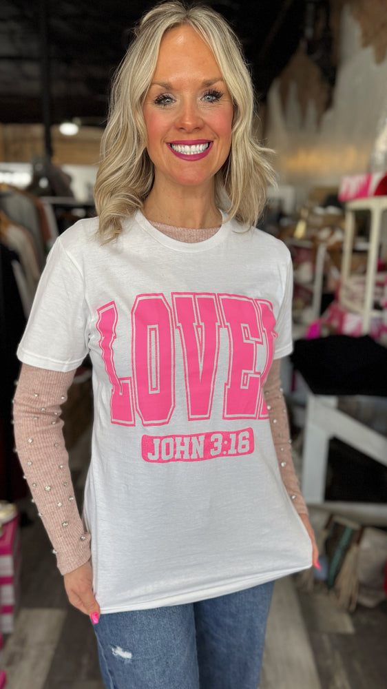 Glitter Pink LOVE John 3:16 Tee in White
