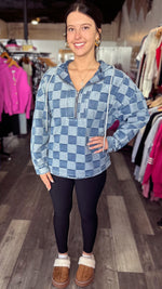 Checkered Denim Hooded Top