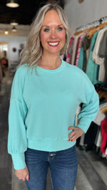 Turquoise Cropped Ribbed Long Sleeve Top