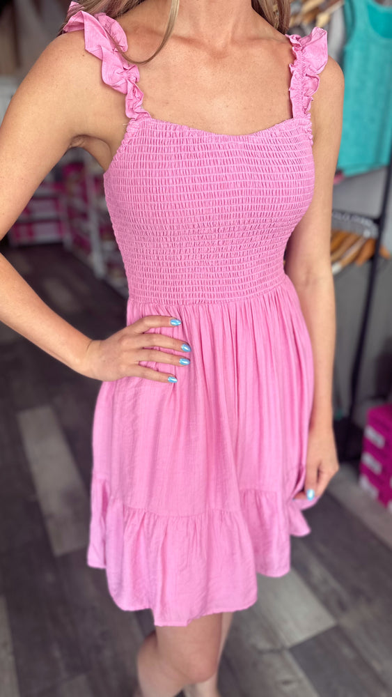 Bubblegum Smocked Ruffle Sleeve Dress