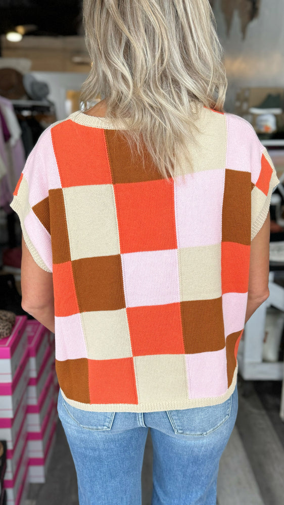 Multi Color Checkered Cropped Sleeve Sweater
