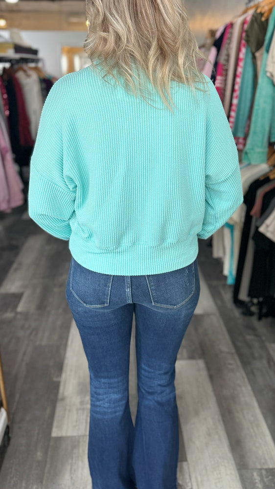 Turquoise Cropped Ribbed Long Sleeve Top