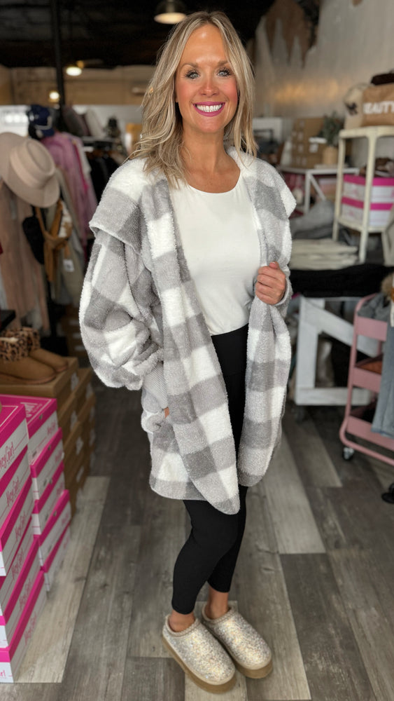 Grey & White Plaid Hooded Cardigan