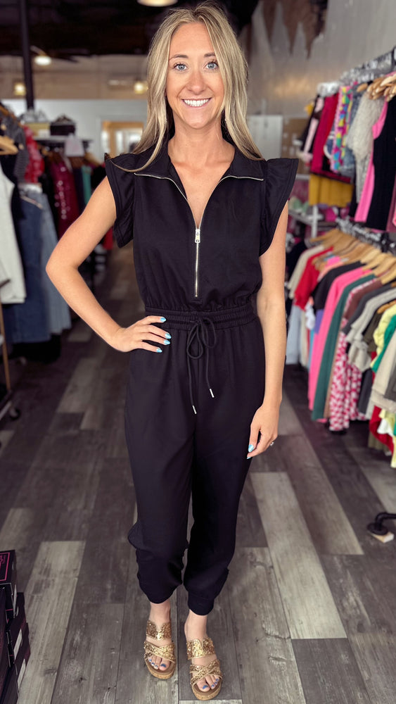 Black Ruffle Sleeve Casual Jumpsuit