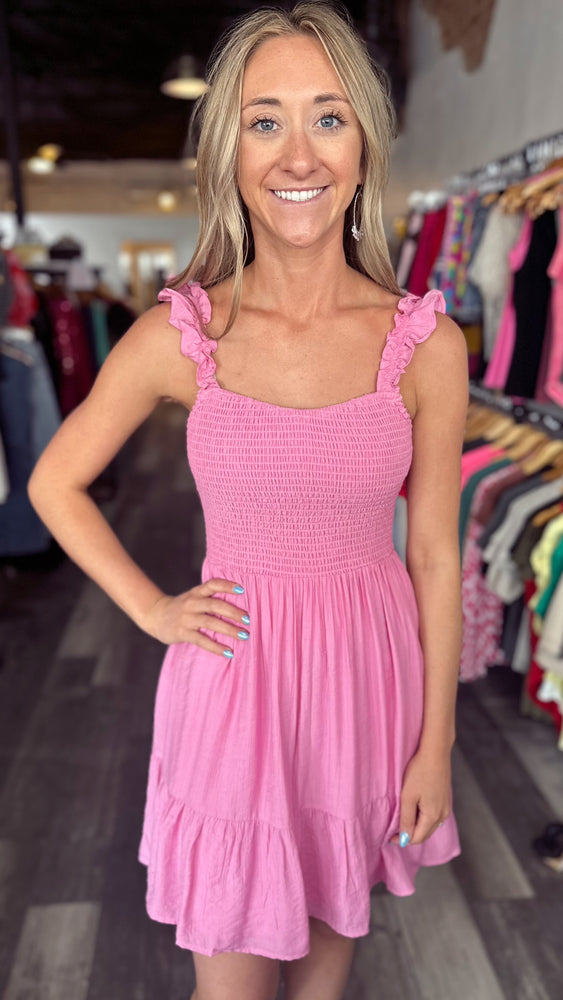 Bubblegum Smocked Ruffle Sleeve Dress