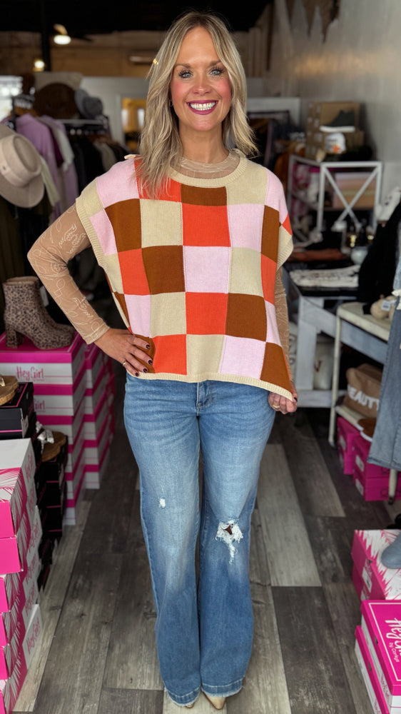 Multi Color Checkered Cropped Sleeve Sweater