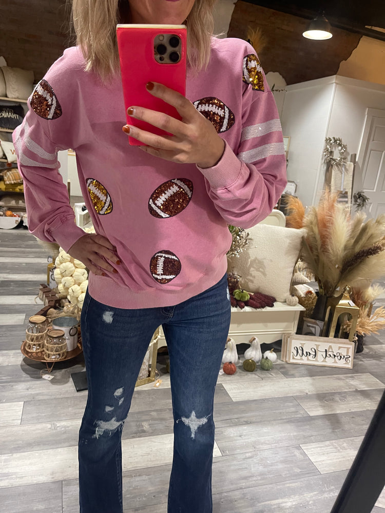 Pink Football Sequin Crew Neck Sweatshirt