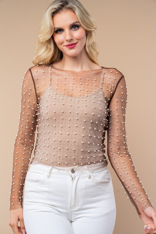 Brown Mesh Pearl Long Sleeve Top