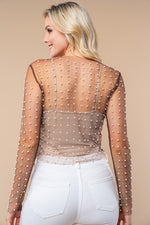 Brown Mesh Pearl Long Sleeve Top